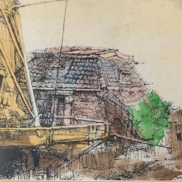 Beautiful framed artwork by REMBRANDT Van Rijn “The Windmill” watercolor etching - Picture 7 of 10